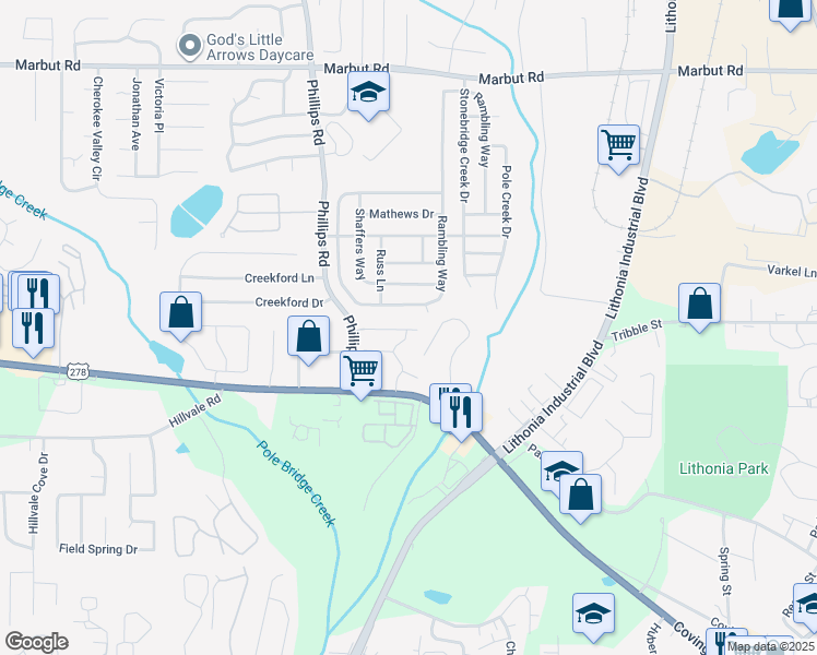 map of restaurants, bars, coffee shops, grocery stores, and more near 6420 Kennonbriar Court in Lithonia