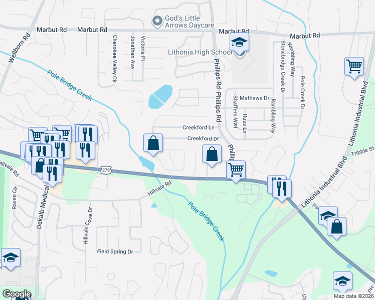 map of restaurants, bars, coffee shops, grocery stores, and more near 2353 Cragstone Court in Lithonia