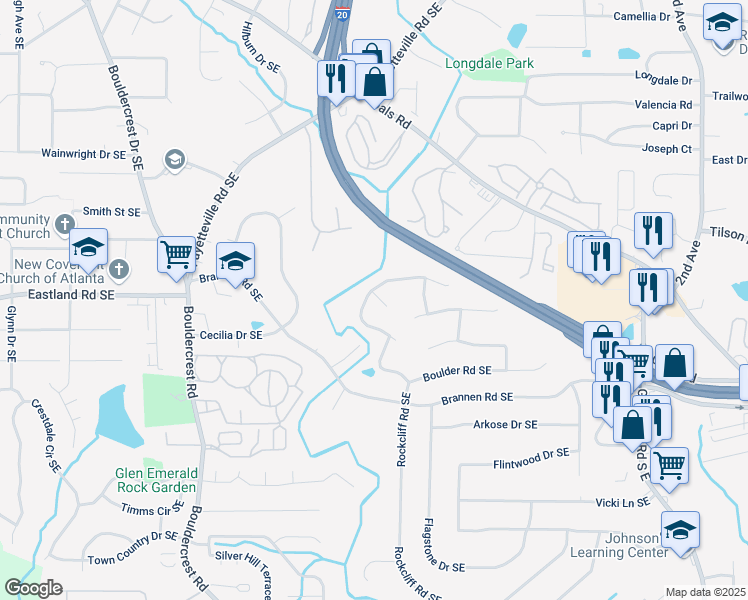 map of restaurants, bars, coffee shops, grocery stores, and more near 1675 Bouldercliff Court Southeast in Atlanta