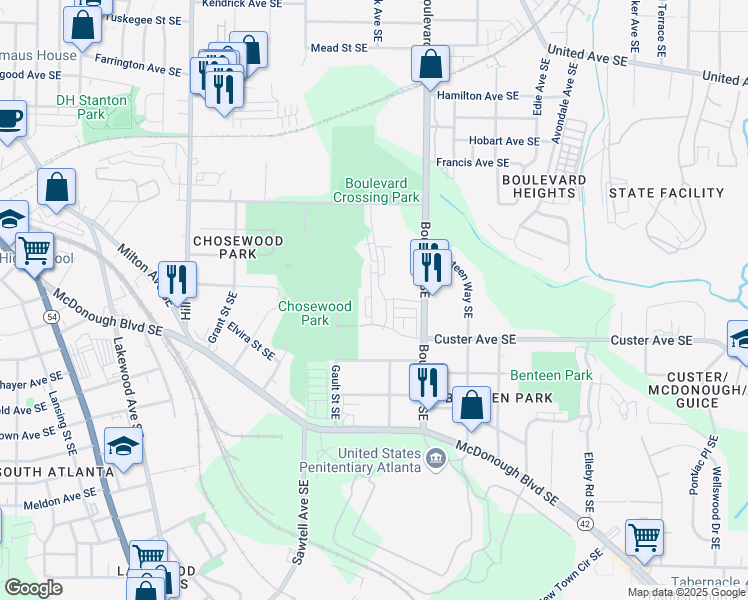 map of restaurants, bars, coffee shops, grocery stores, and more near 1336 Breezy Street Southeast in Atlanta