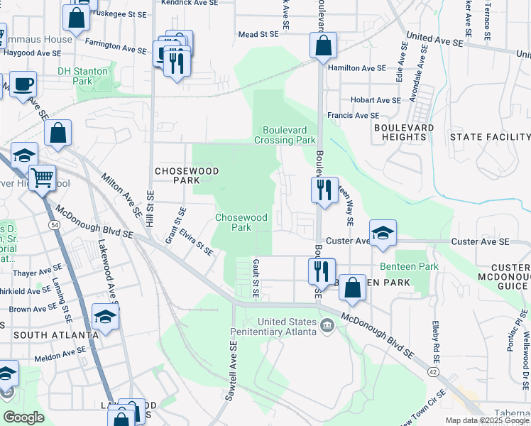 map of restaurants, bars, coffee shops, grocery stores, and more near 1316 Gault Street Southeast in Atlanta