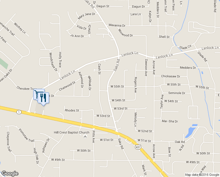map of restaurants, bars, coffee shops, grocery stores, and more near 5429 Saks Road in Anniston