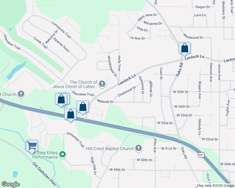 map of restaurants, bars, coffee shops, grocery stores, and more near 1209 Chatwood Dr in Anniston