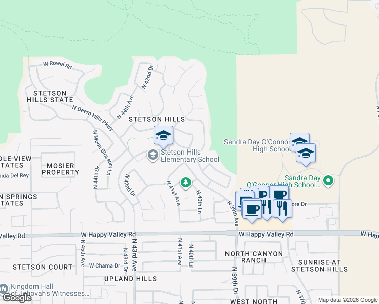 map of restaurants, bars, coffee shops, grocery stores, and more near 25614 North Hackberry Drive in Phoenix