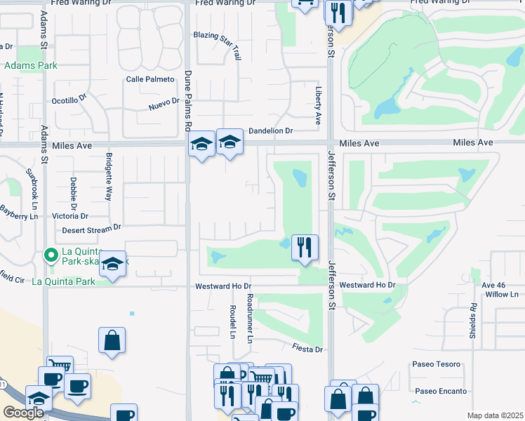 map of restaurants, bars, coffee shops, grocery stores, and more near 79765 Eagle Bend Court in Indio