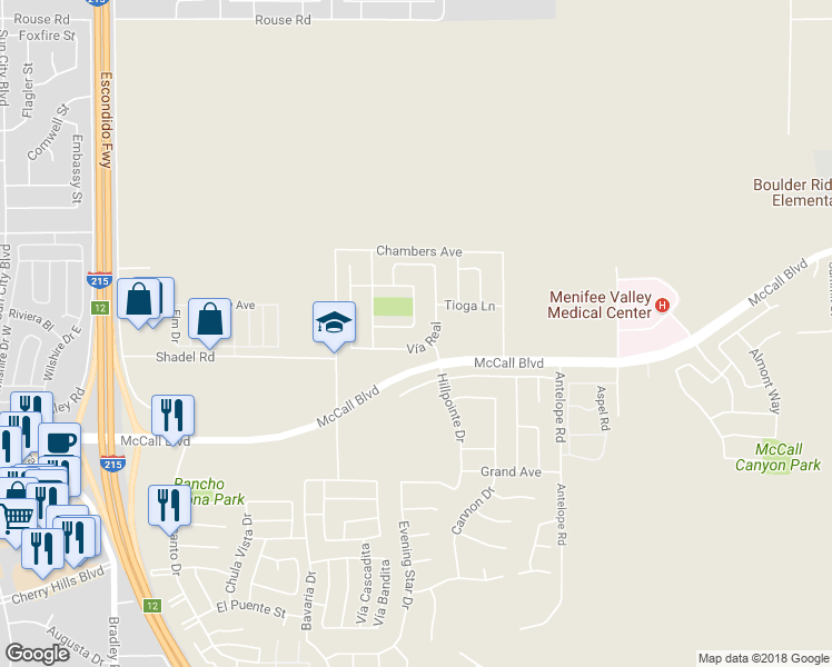 map of restaurants, bars, coffee shops, grocery stores, and more near 27632 Camino Bella in Menifee