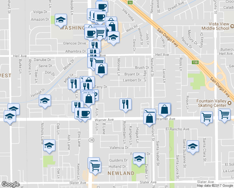 map of restaurants, bars, coffee shops, grocery stores, and more near 16792 Saint Cloud Circle in Huntington Beach