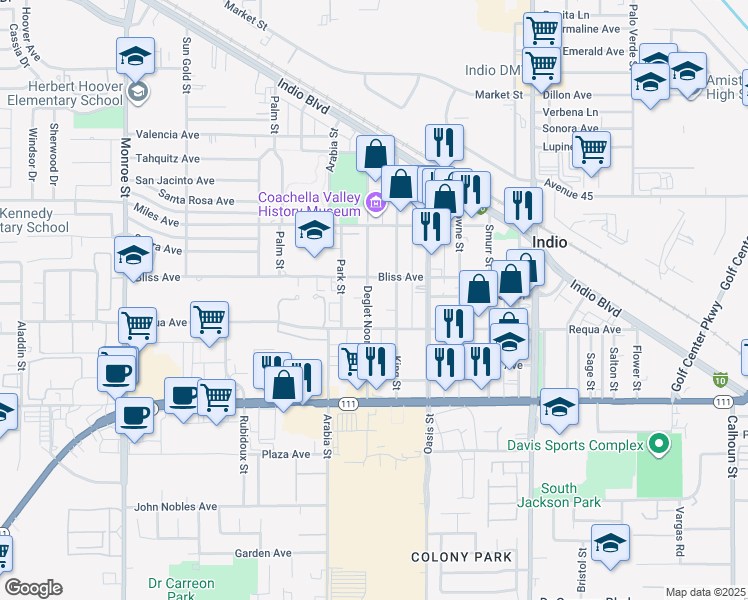map of restaurants, bars, coffee shops, grocery stores, and more near 45472 Deglet Noor Street in Indio