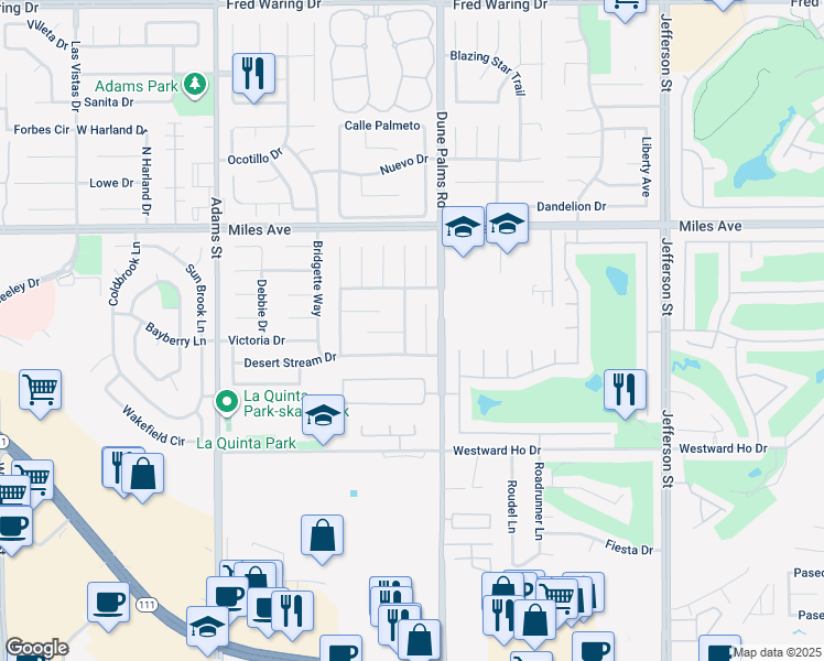 map of restaurants, bars, coffee shops, grocery stores, and more near 45450 Desert Fox Drive in La Quinta