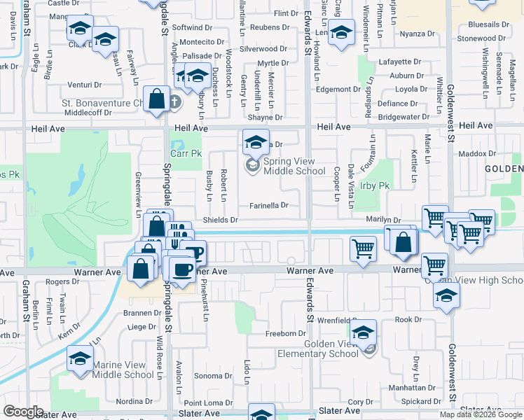 map of restaurants, bars, coffee shops, grocery stores, and more near 6312 Farinella Drive in Huntington Beach