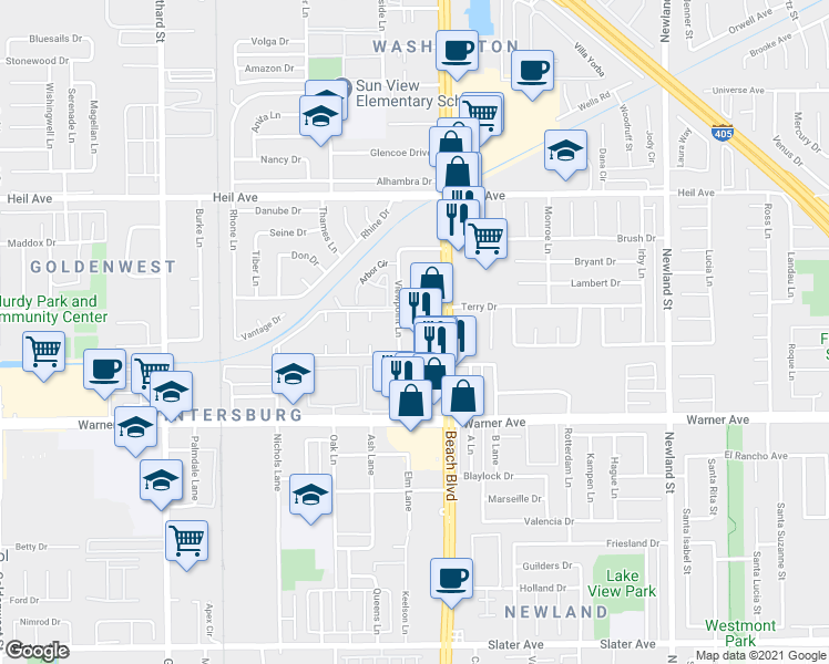 map of restaurants, bars, coffee shops, grocery stores, and more near 7962 Moonshadow Circle in Huntington Beach