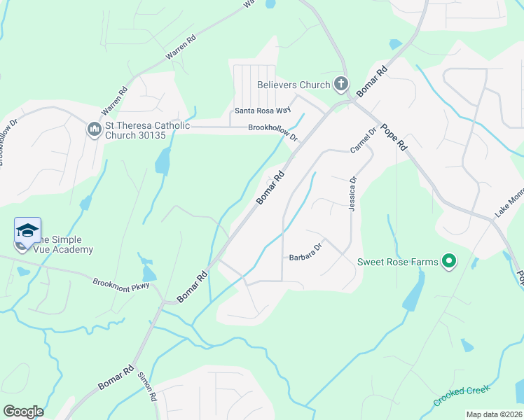 map of restaurants, bars, coffee shops, grocery stores, and more near 3188 Bomar Road in Douglasville