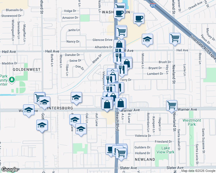 map of restaurants, bars, coffee shops, grocery stores, and more near in Huntington Beach