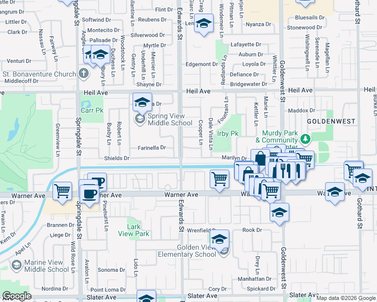 map of restaurants, bars, coffee shops, grocery stores, and more near 6532 Farinella Drive in Huntington Beach