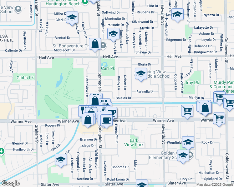 map of restaurants, bars, coffee shops, grocery stores, and more near 16771 Busby Lane in Huntington Beach