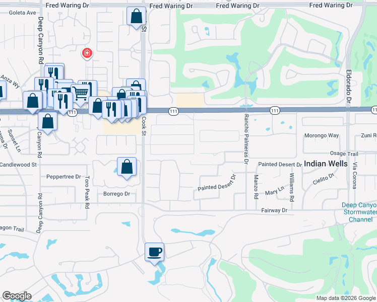 map of restaurants, bars, coffee shops, grocery stores, and more near 75208 Citadel Place in Indian Wells