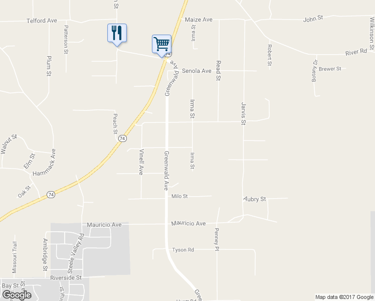 map of restaurants, bars, coffee shops, grocery stores, and more near 21085 Suzan Street in Perris