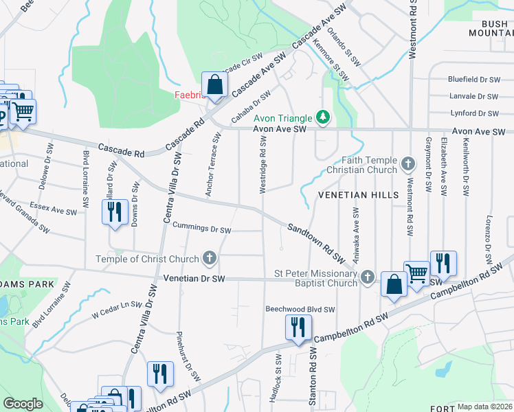 map of restaurants, bars, coffee shops, grocery stores, and more near 1345 Westridge Road Southwest in Atlanta