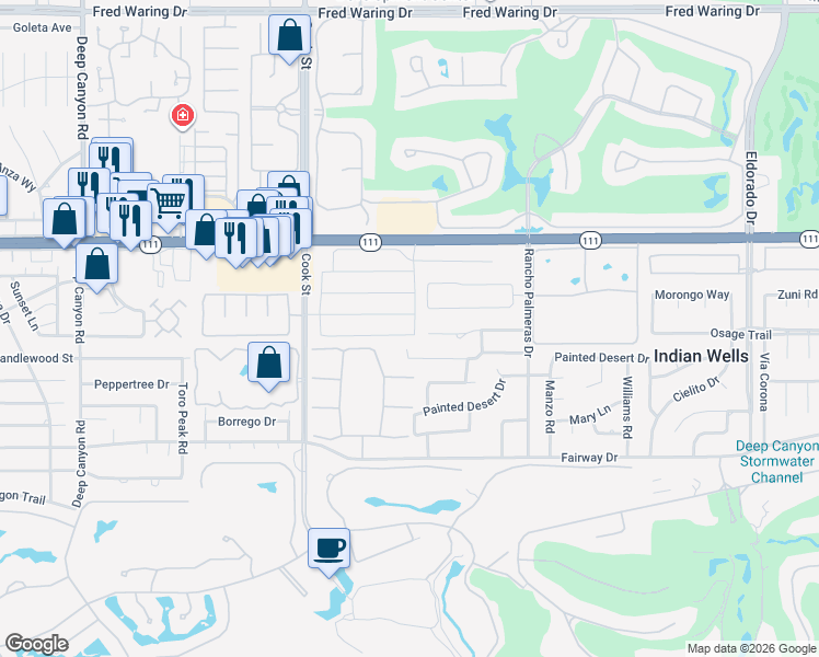 map of restaurants, bars, coffee shops, grocery stores, and more near 75224 Citadel Place in Indian Wells