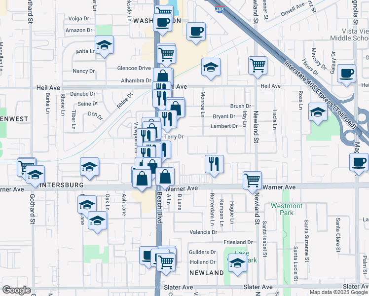 map of restaurants, bars, coffee shops, grocery stores, and more near 16791 Heritage Lane in Huntington Beach