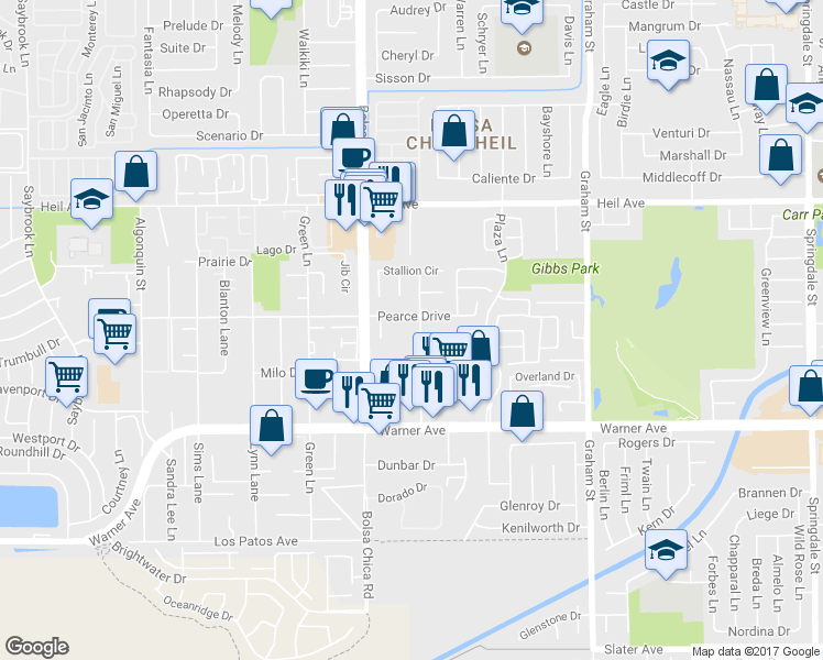 map of restaurants, bars, coffee shops, grocery stores, and more near 16771 Roosevelt Lane in Huntington Beach