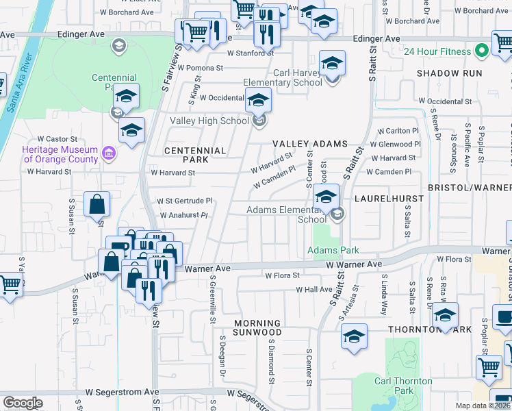 map of restaurants, bars, coffee shops, grocery stores, and more near 2410 West Saint Gertrude Place in Santa Ana