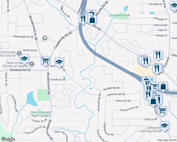 map of restaurants, bars, coffee shops, grocery stores, and more near 2429 Bouldercliff Way Southeast in Atlanta