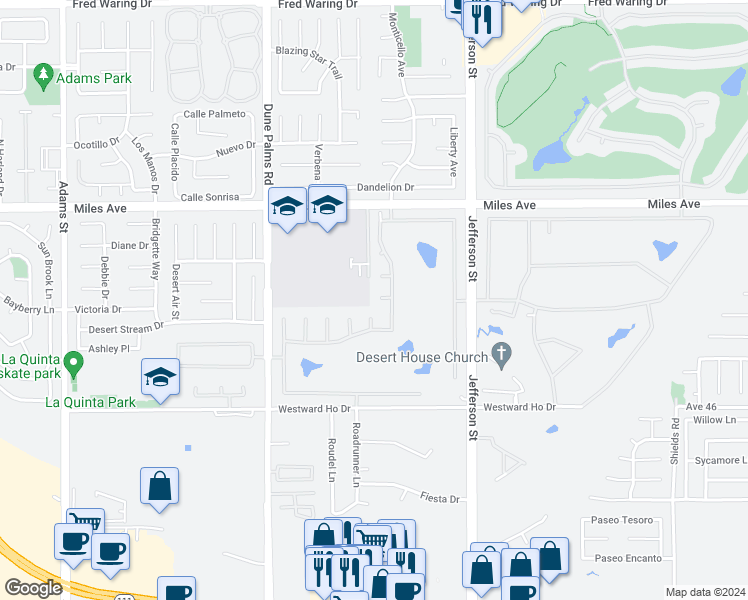 map of restaurants, bars, coffee shops, grocery stores, and more near 79765 Eagle Bend Court in Indio