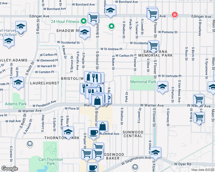 map of restaurants, bars, coffee shops, grocery stores, and more near 2110 South Baker Street in Santa Ana