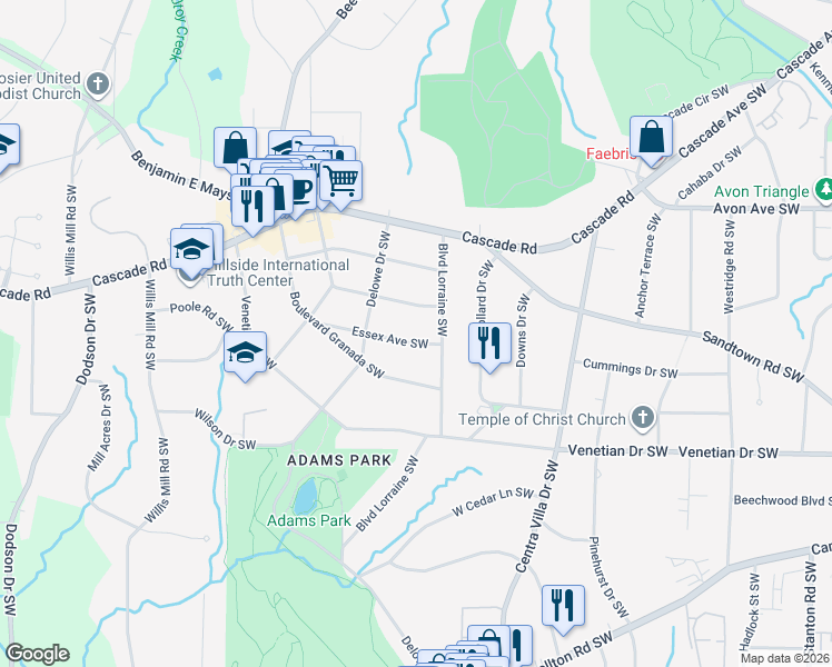 map of restaurants, bars, coffee shops, grocery stores, and more near 2153 Essex Ave SW in Atlanta