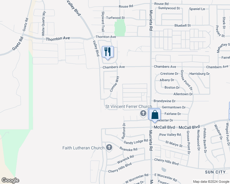 map of restaurants, bars, coffee shops, grocery stores, and more near 27709 Doreen Drive in Menifee