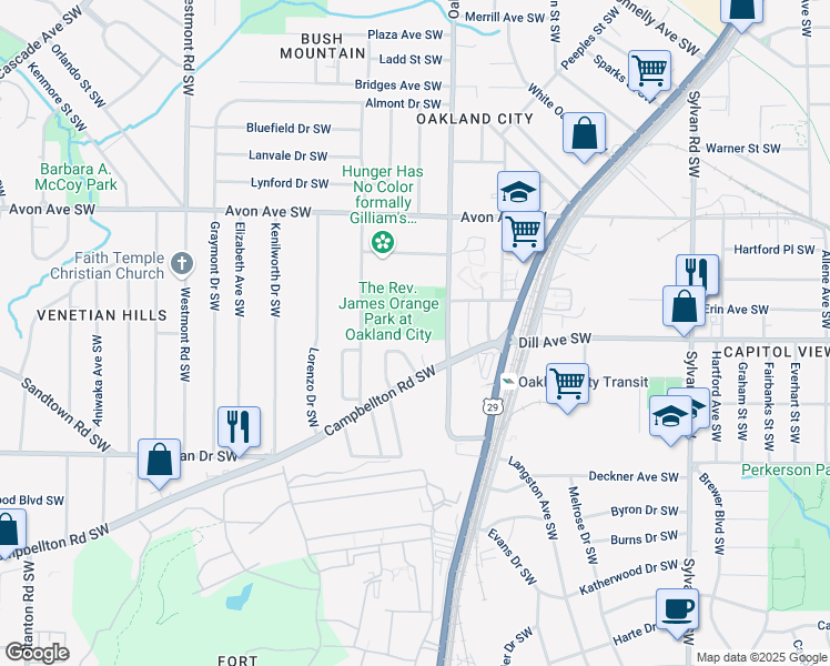 map of restaurants, bars, coffee shops, grocery stores, and more near 1305 Oakland Lane Southwest in Atlanta