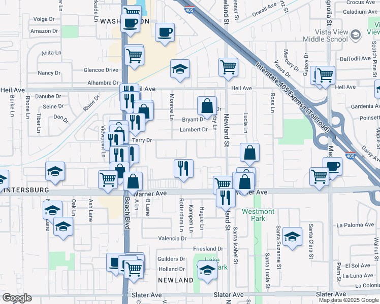 map of restaurants, bars, coffee shops, grocery stores, and more near 16792 Montclair Lane in Huntington Beach