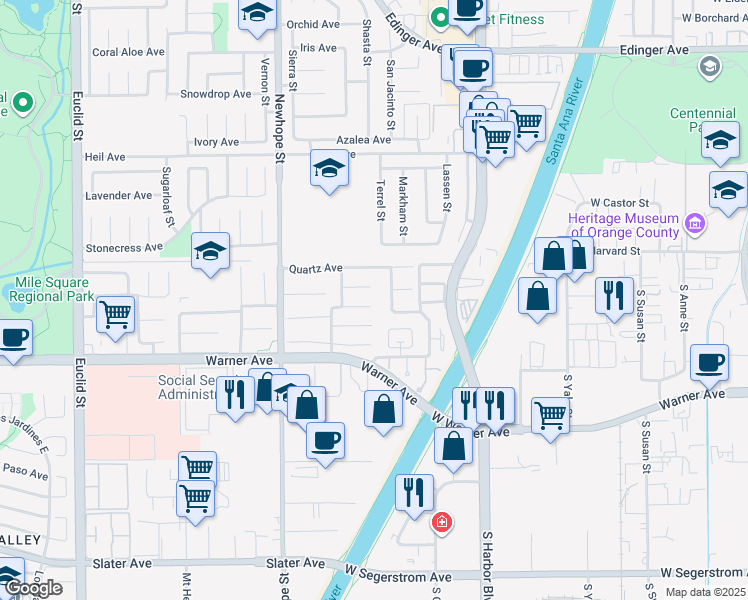 map of restaurants, bars, coffee shops, grocery stores, and more near 16865 Mount Younis Street in Fountain Valley