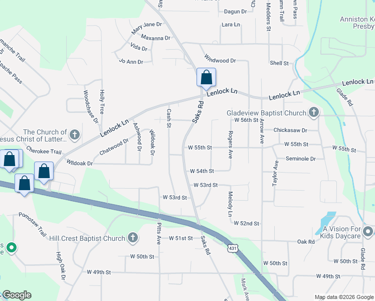 map of restaurants, bars, coffee shops, grocery stores, and more near 5429 Saks Road in Anniston