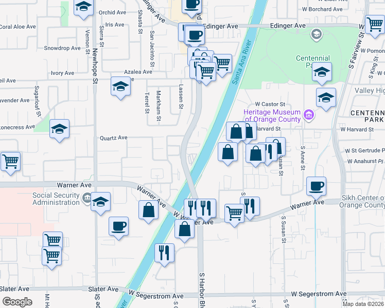 map of restaurants, bars, coffee shops, grocery stores, and more near 2 North Harbor Boulevard in Anaheim