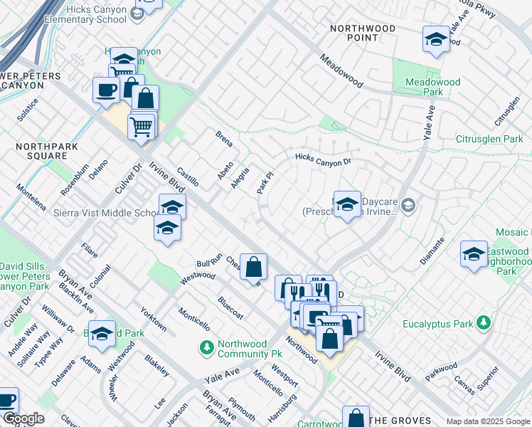 map of restaurants, bars, coffee shops, grocery stores, and more near 29 Fortuna East in Irvine