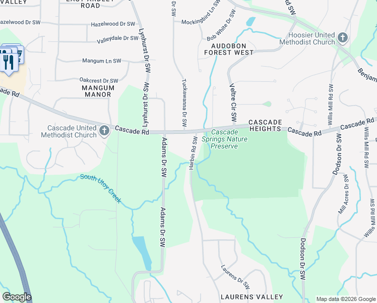 map of restaurants, bars, coffee shops, grocery stores, and more near 1351 Harbin Road Southwest in Atlanta