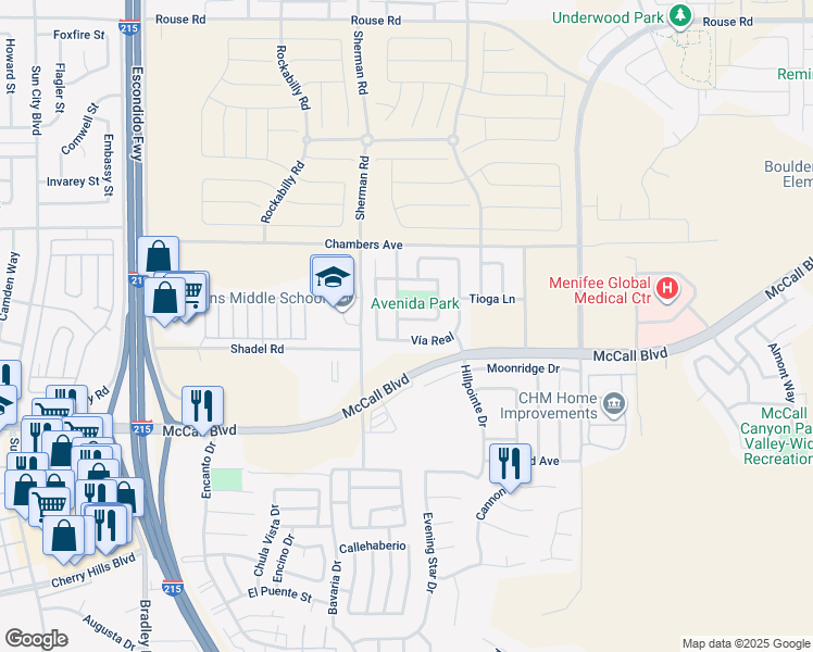 map of restaurants, bars, coffee shops, grocery stores, and more near 27704 Camino Bella in Menifee