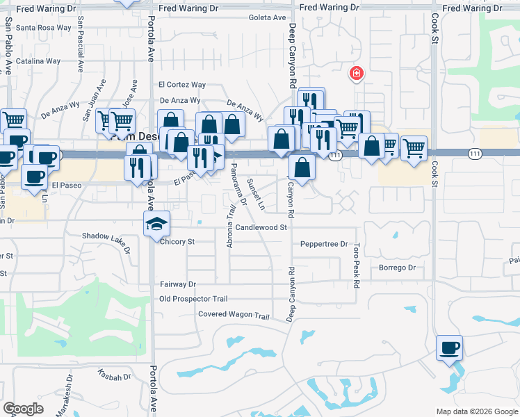 map of restaurants, bars, coffee shops, grocery stores, and more near 45451 Sunset Lane in Palm Desert