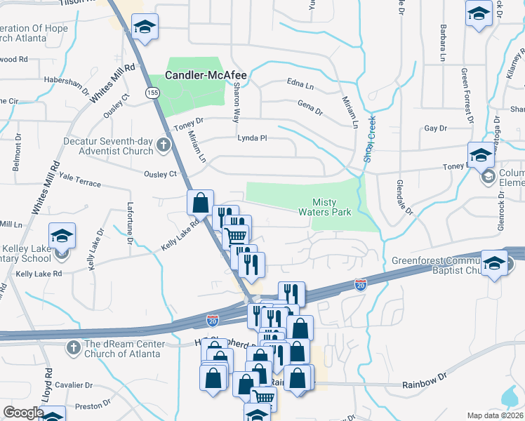 map of restaurants, bars, coffee shops, grocery stores, and more near 2823 Misty Waters Drive in Decatur