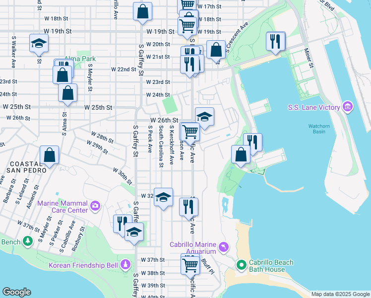 map of restaurants, bars, coffee shops, grocery stores, and more near 2808 South Denison Avenue in Los Angeles