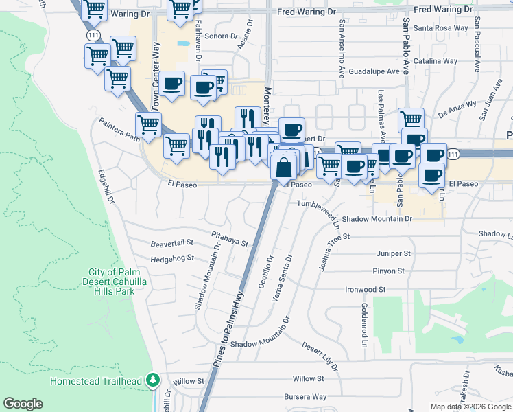 map of restaurants, bars, coffee shops, grocery stores, and more near 251 Sandpiper Street in Palm Desert