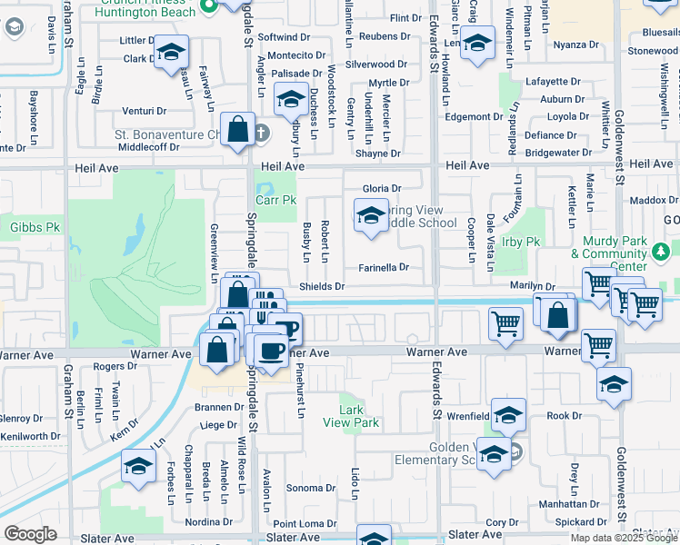 map of restaurants, bars, coffee shops, grocery stores, and more near 16771 Trudy Lane in Huntington Beach
