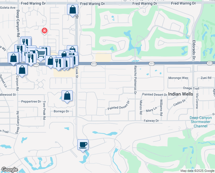 map of restaurants, bars, coffee shops, grocery stores, and more near 75254 Palm Shadow Drive in Indian Wells