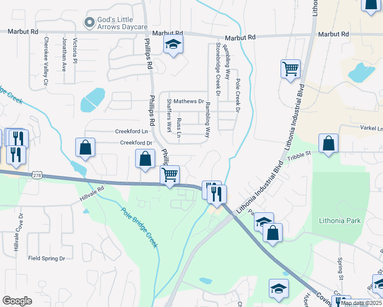 map of restaurants, bars, coffee shops, grocery stores, and more near 6420 Kennonbriar Court in Lithonia