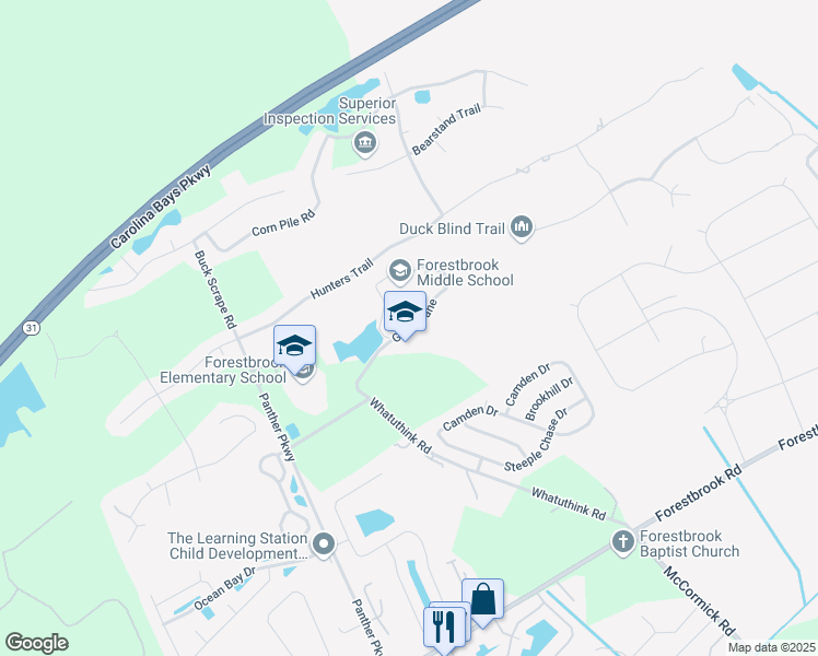 map of restaurants, bars, coffee shops, grocery stores, and more near Gator Lane in Horry County