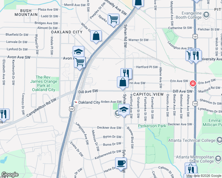 map of restaurants, bars, coffee shops, grocery stores, and more near 975 Dill Avenue Southwest in Atlanta