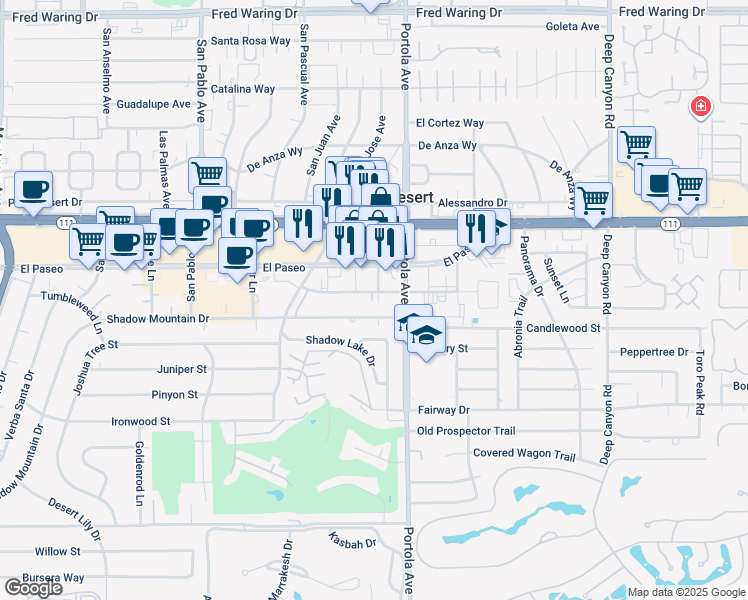 map of restaurants, bars, coffee shops, grocery stores, and more near 73965 Larrea Street in Palm Desert