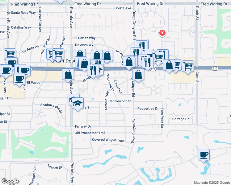 map of restaurants, bars, coffee shops, grocery stores, and more near 45432 Panorama Drive in Palm Desert